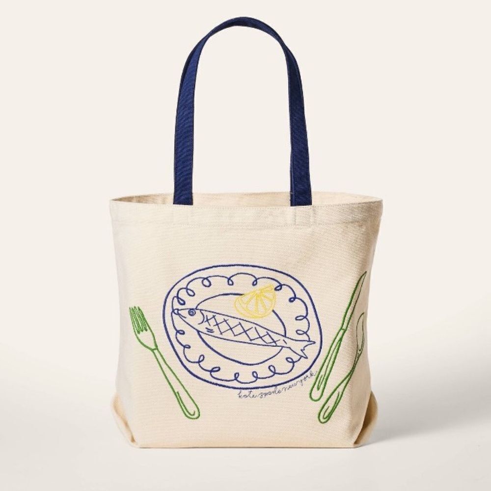 kate spade x Target Natural Navy Blue Green Fish Embroidered Canvas Tote